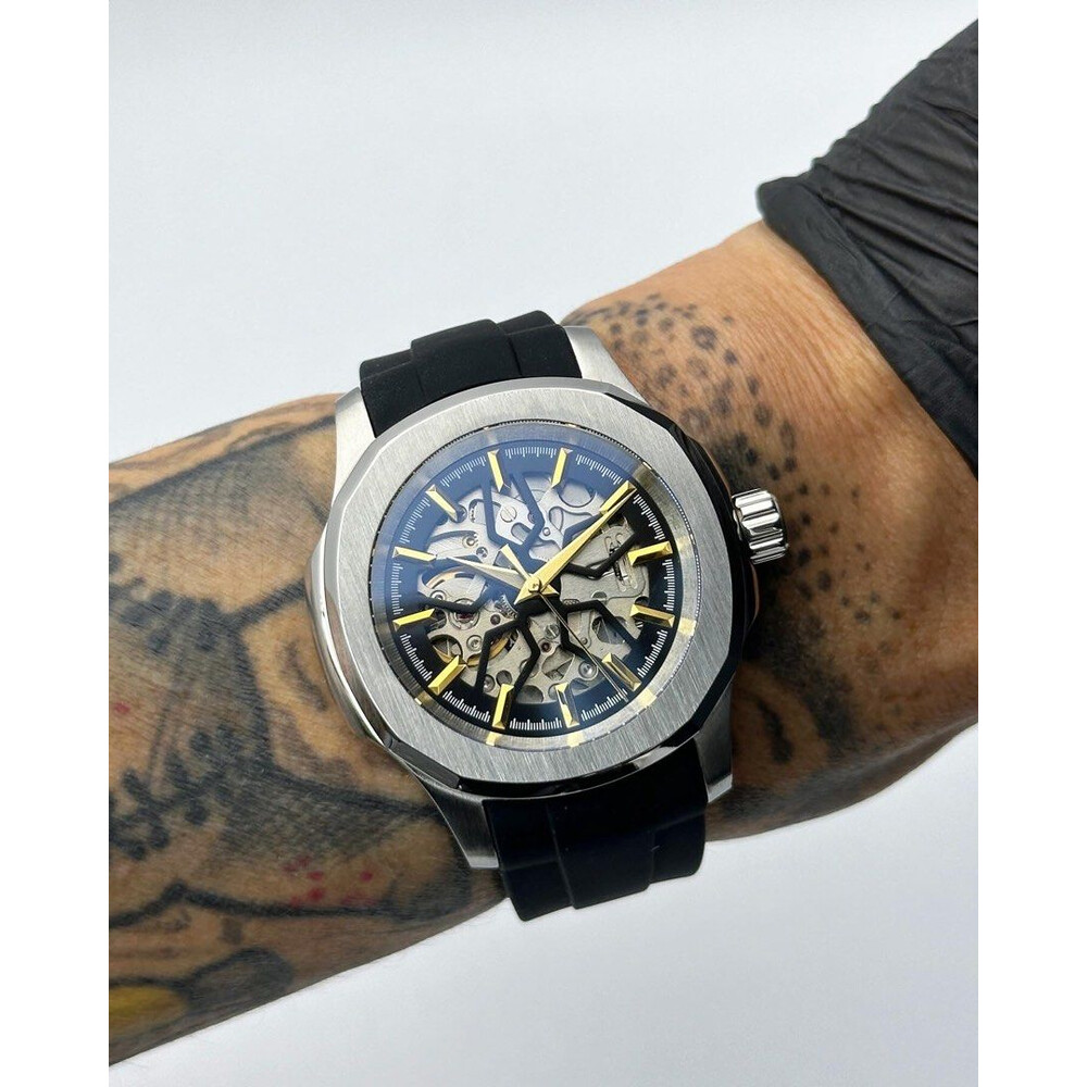 Custom Seiko Mod • Black Silver Skeleton Nautilus with Gold • 40mm